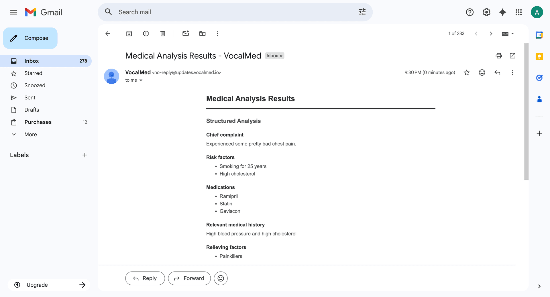 VocalMed email interface showing formatted results