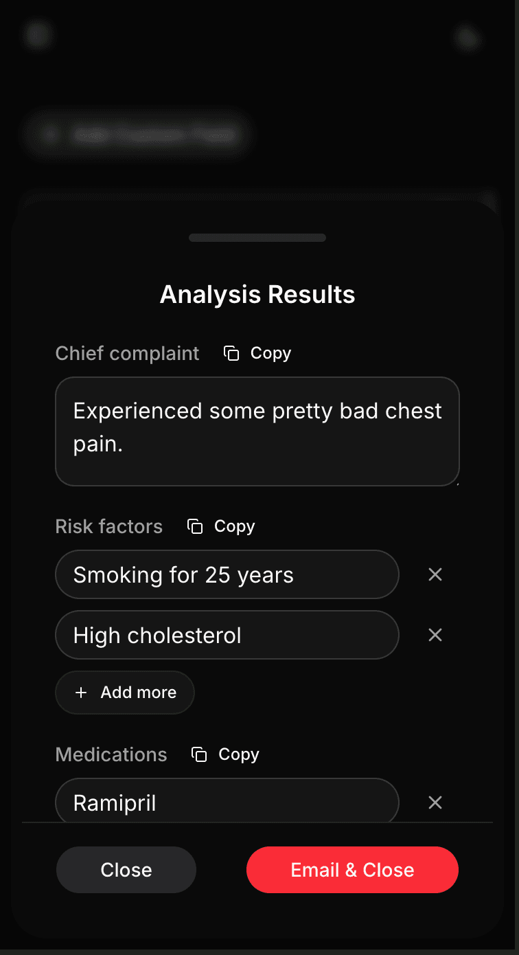 VocalMed results interface showing structured medical fields: Chief Complaint, Symptoms, Duration, Medical History, Medications, and Red Flags with copy buttons visible